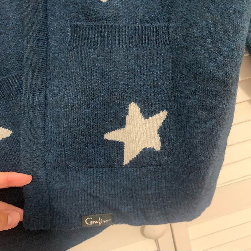Coraline Laika Stars Open-Front Oversized Acrylic Blue Cardigan Sweater Small - Picture 7 of 10